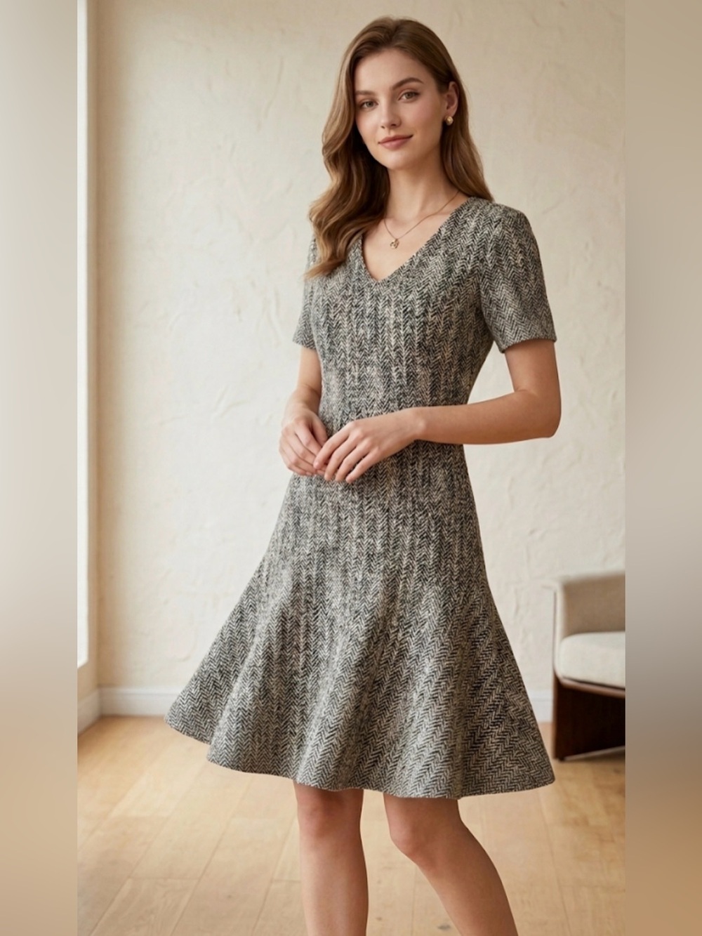 Theory Heathered Gray V-Neck Short Sleeve A-Line Knit Dress